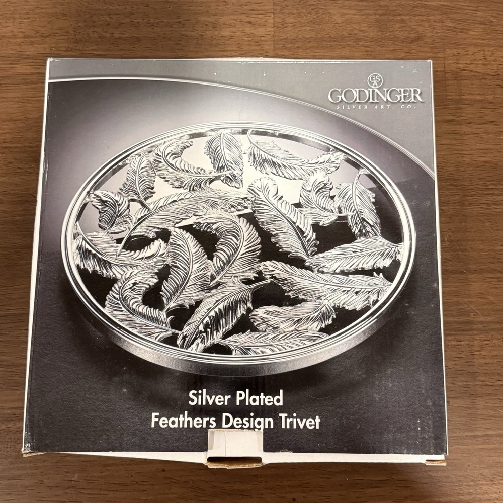 Godinger Silver Plated Feather Design Trivet Round Table Hot Plate Original Box
